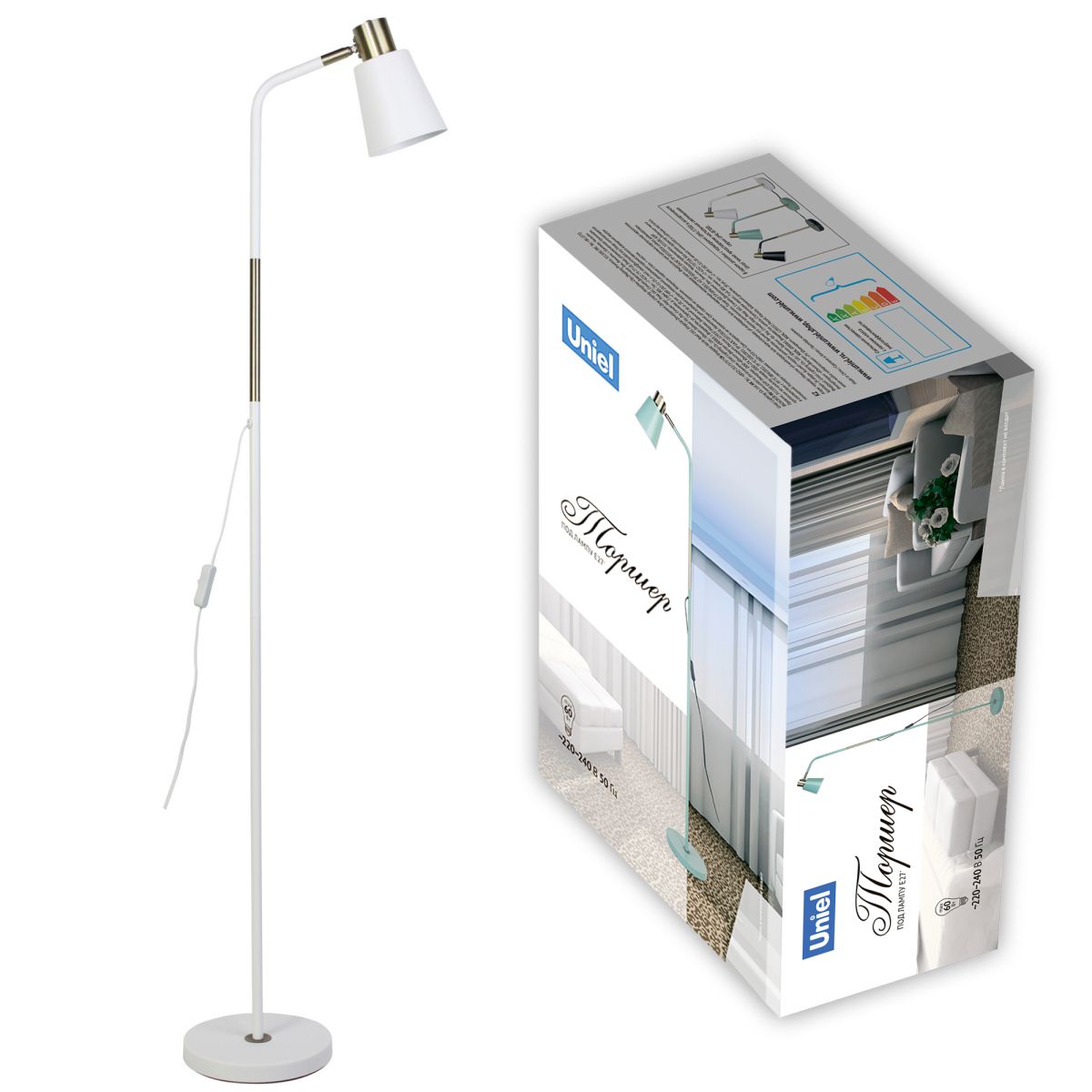 UML-T700 E27 WHITE Торшер напольный под лампу Е27, 60W, с регулировкой наклона. Механический выключа