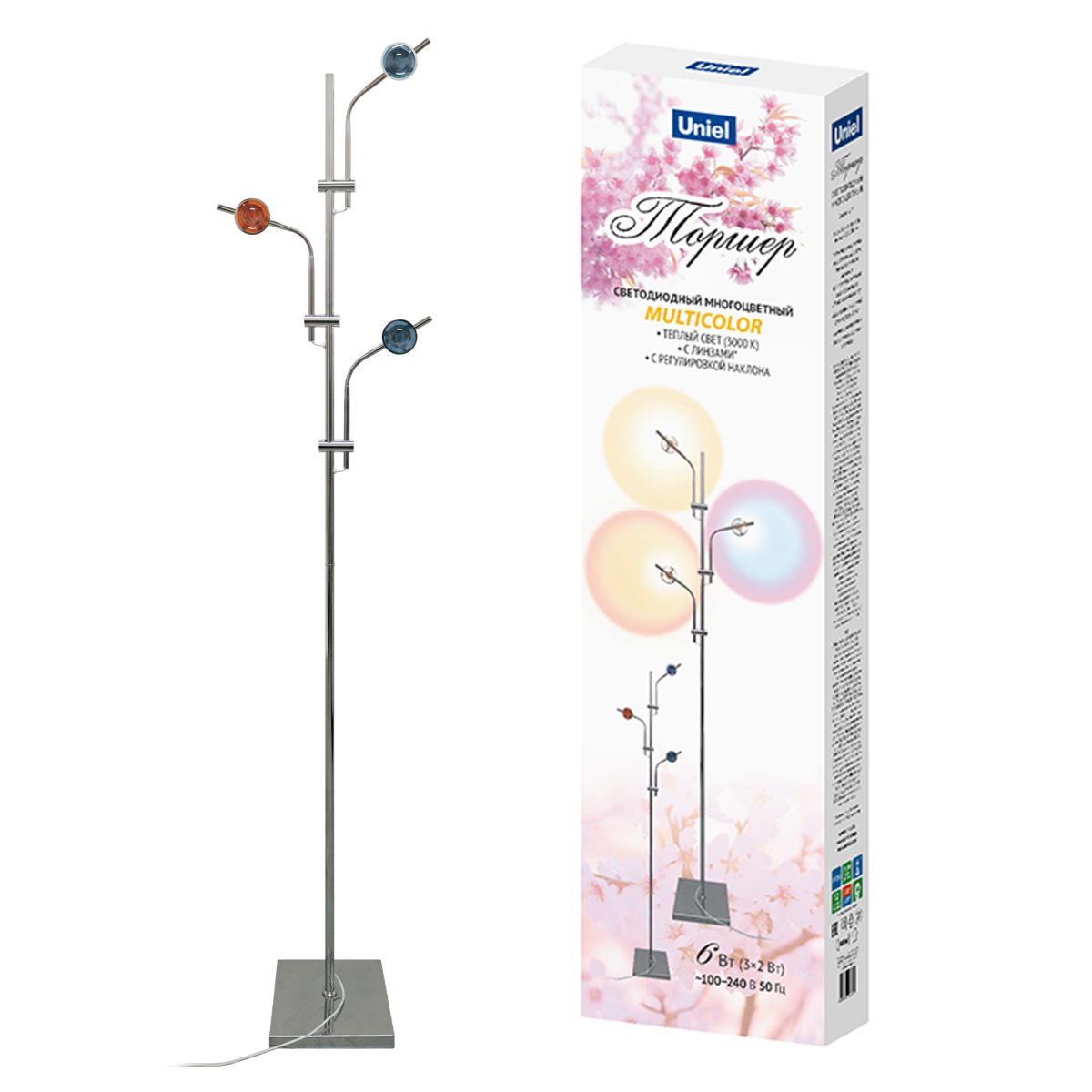ULM-T641 3x2W/3000K CHROME MULTICOLOR Торшер напольный светодиодный, c регулировкой наклона, с линза