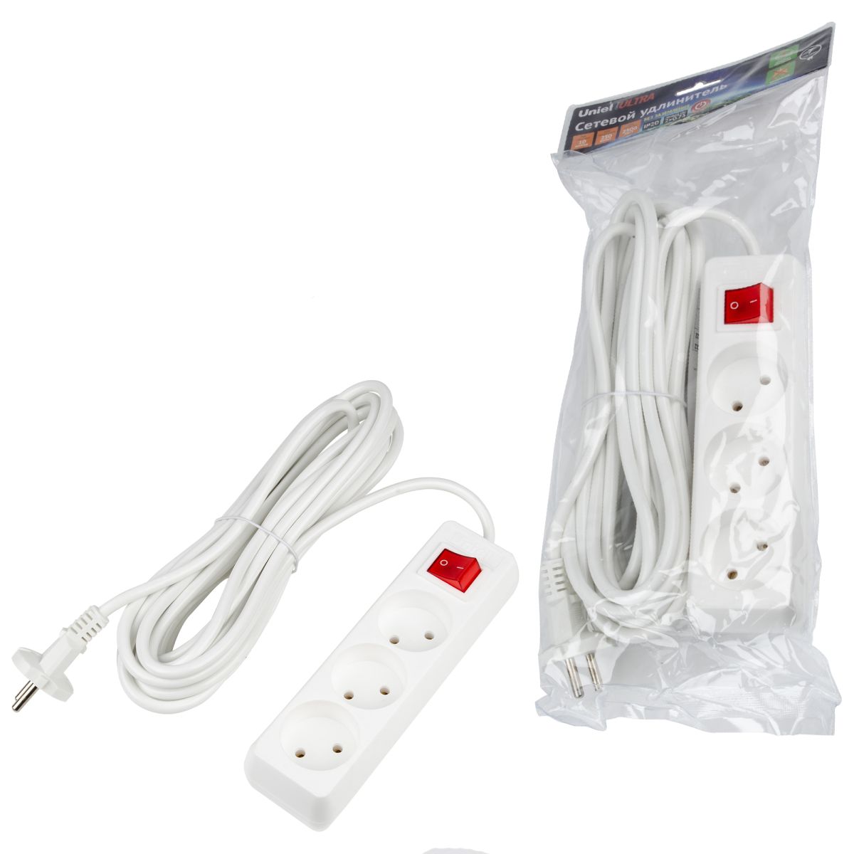 S-CU3-7B WHITE Удлинитель серии Ultra, шнур 7м., 3 гнезда, 10A, б/з. Белый. TM Uniel