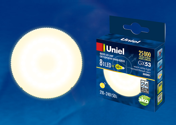 LED-GX53-8W/WW/GX53/FR PLZ01WH Лампа светодиодная, матовая. Теплый белый свет. Картон. ТМ Uniel., шк