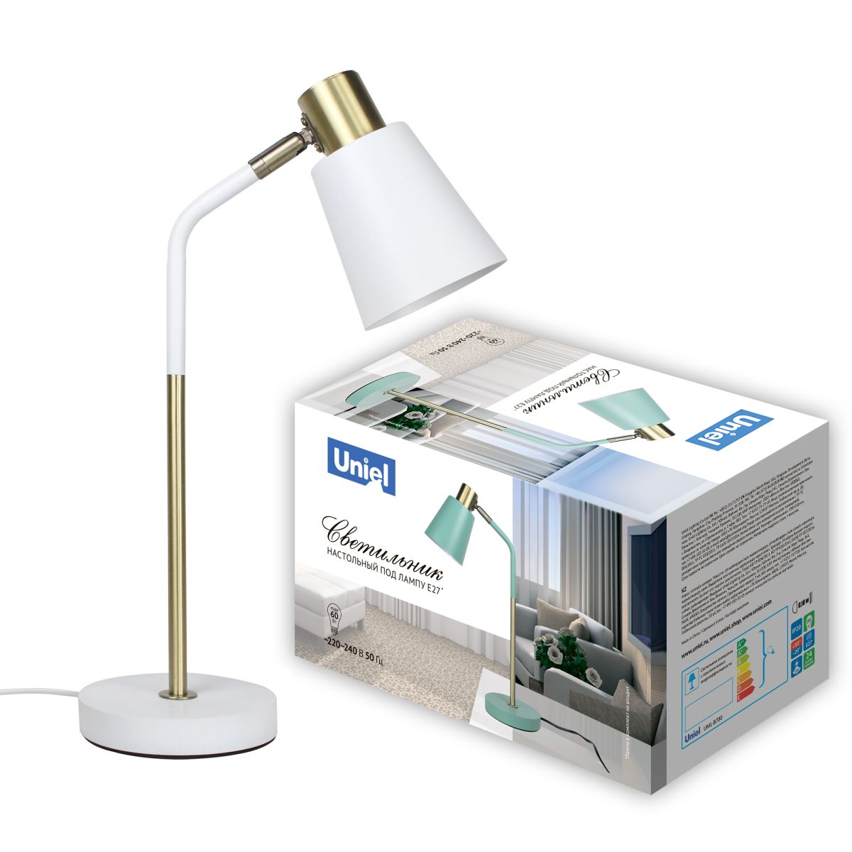 UML-B700 E27 WHITE Светильник настольный, 60W. Цоколь Е27. Механический выключатель. Белый. ТМ Uniel