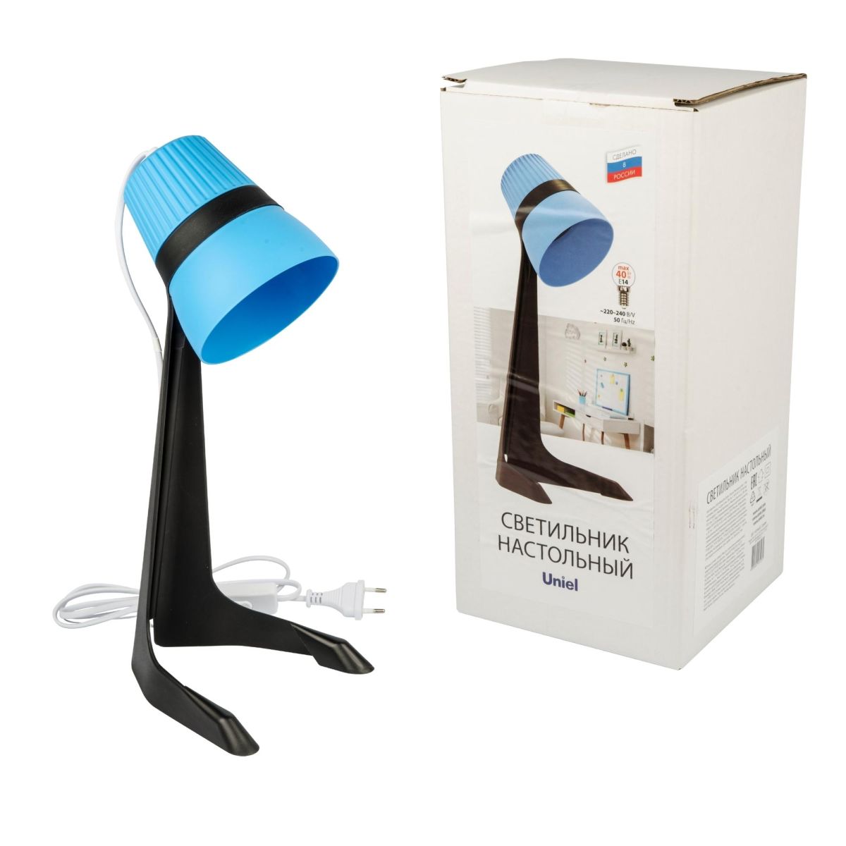 ULO-K22 D/E14/A BLACK/BLUE Светильник настольный, 40W. Цоколь E14. Механический выключатель. Черный