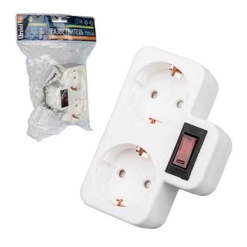 S-GES2-16PB WHITE Разветвитель сетевой с выключателем, с/з. 2 гнезда. 16А, 3500Вт. Белый. ТМ Uniel S-GES2-16PB WHITE Разветвитель сетевой с выключателем, с/з. 2 гнезда. 16А, 3500Вт. Белый. ТМ Uniel