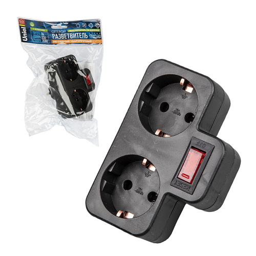 S-GES2-16PB BLACK Разветвитель сетевой с выключателем, с/з. 2 гнезда. 16А, 3500Вт. Черный. ТМ Uniel S-GES2-16PB BLACK Разветвитель сетевой с выключателем, с/з. 2 гнезда. 16А, 3500Вт. Черный. ТМ Uniel